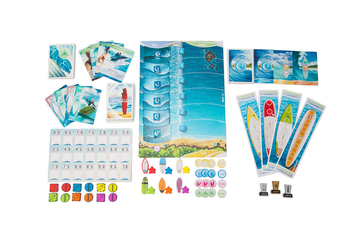 Tavarua - The Surfing Board Game - All pieces laid out.